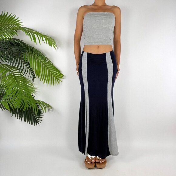 Vintage Bohemian Navy & Grey Striped Low Rise Fairycore Hippie Maxi Skirt / S - Picture 4 of 6